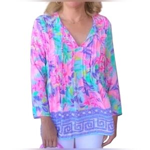 Lilly Pulitzer Tropical Vibrant Pink & Purple Floral Marilina Tassel Tunic Top S